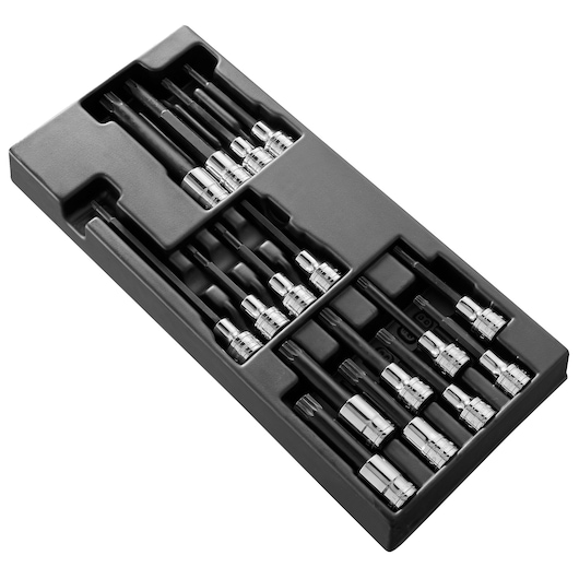 Facom MODSHPB socket bit set in black tray, multiple chrome and black bits, top angle photo on white background.