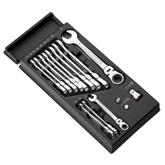 Articulated ratchet wrench set, 12 pieces, plastic module