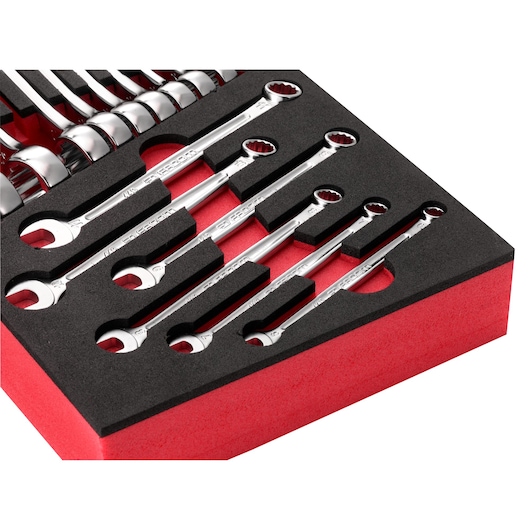 Facom MODM_440-1PB wrench set in black and red foam tray, angled product photo.