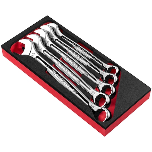 Facom MODM.440-2PB combination wrench set, four chrome wrenches in black and red foam tray, angled top view.