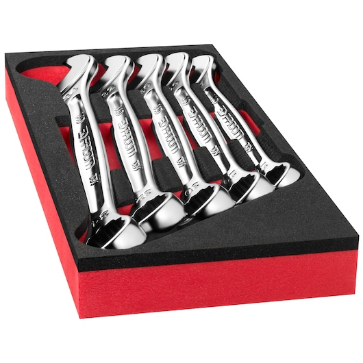 Facom set of five polished chrome wrenches in black and red foam tray, MODM.440-2PB, angled view.