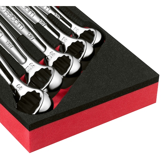 Facom MODM.440-2PB ratcheting wrenches set in black and red foam tray, close-up angle.
