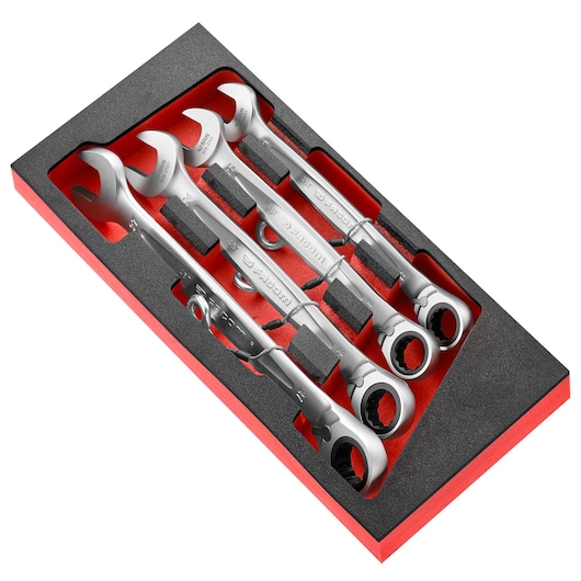 Facom MODM_467J4SLS ratcheting combination wrench set, four pieces in red and black foam tray, angled view.