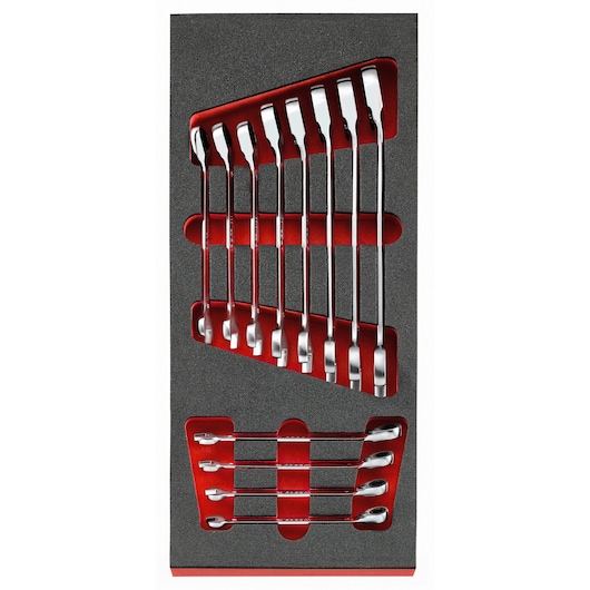 Facom MODM_467JU12 combination wrench set, 12-piece, in black foam organizer, top view, white background.