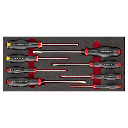 Facom MODM_AT1 screwdriver set, eight pieces with black and red handles, foam tray, top view.