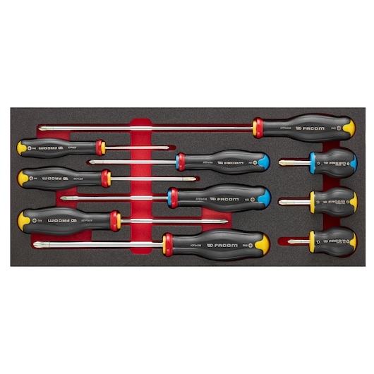 Facom MODM_AT5PB screwdriver set in foam tray, assorted sizes, black handles with colored ends, top view.