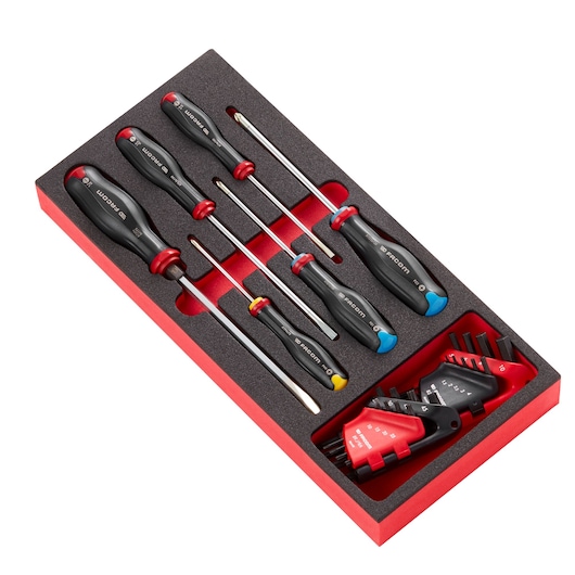 Facom MODM_AT7PB screwdriver and hex key set in foam tray, top angle showing black and red handles.
