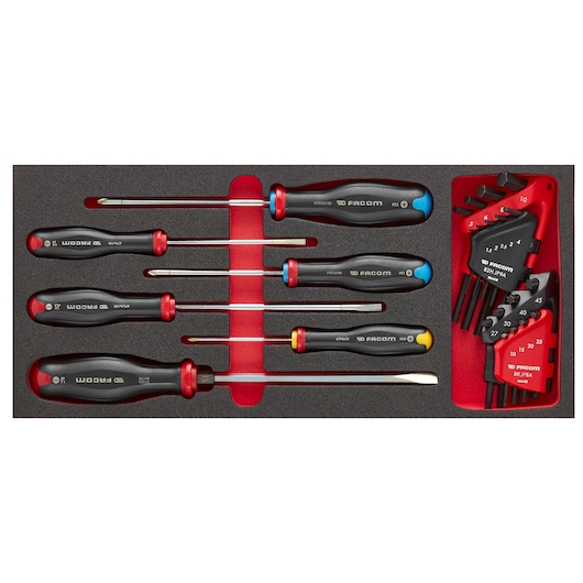 Facom MODM_AT7PB screwdriver and hex key set, seven screwdrivers and two hex key sets arranged in black foam tray, top view.