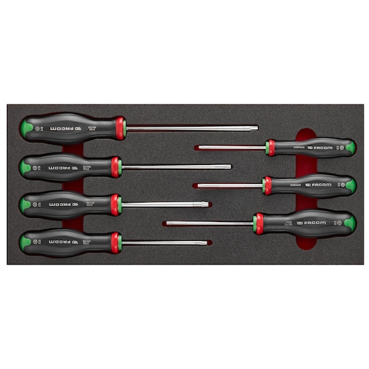 Facom MODM_ATXR screwdriver set with six black and green handle screwdrivers in foam tray, top view.