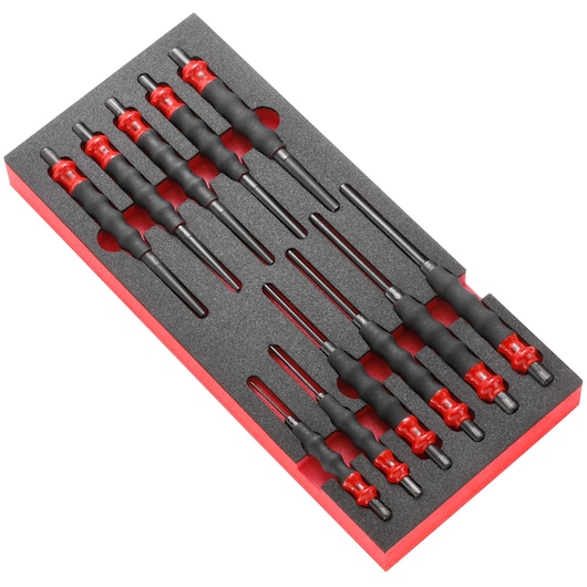 Facom MODMCG photography of hex key driver set with red and black handles in foam tray, angled view.