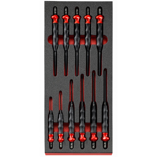 Facom MODMCG screwdriver set with red and black ergonomic handles, top-down view on foam tray.