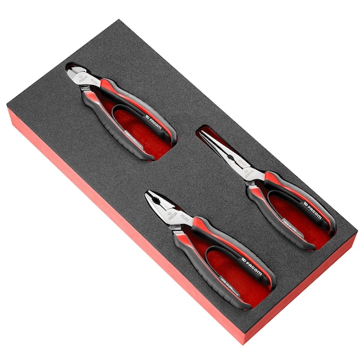 Facom MODM_CPEA0 three-piece pliers set with black and red handles in foam tray, angled view.
