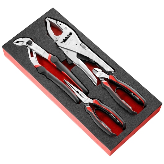 Facom MODM_CPEA1 pliers and cutters set in foam tray, black and red tools, photographed at an angle on white background.