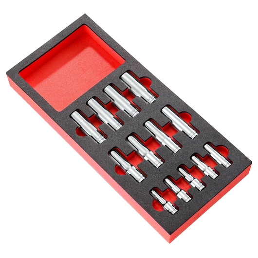 Facom MODM_HLA silver socket set in black and red foam tray, angled view on white background.