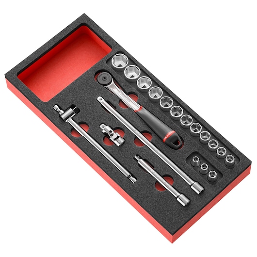 Facom MODM_J161-36 photography of socket wrench set with ratchet and accessories, top angle, black foam tray.