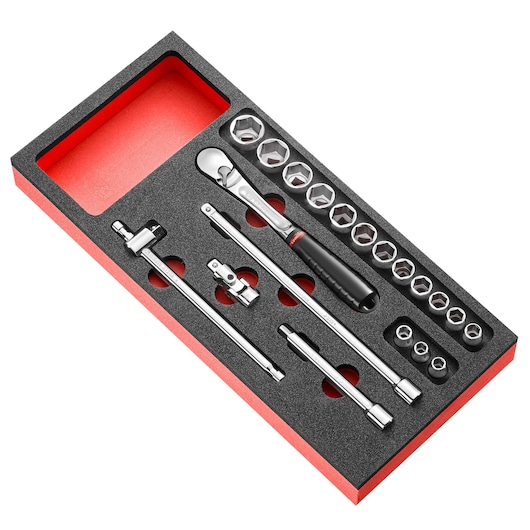 Facom MODMJL161-36 socket wrench set with ratchet, extension bars, and sockets in black and red foam tray, top angle.