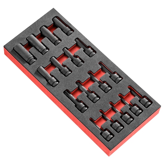 Facom MODM.NSXPB photography of black impact socket set in foam tray, angled view on white background.