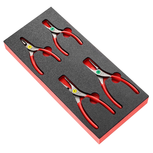 Facom MODMPCSN photography of four red-handled pliers in black foam tray, angled on white background.