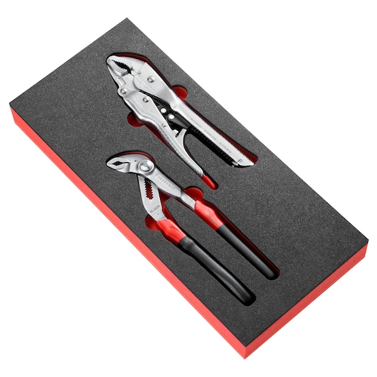 Facom MODM.PR12PB pliers and locking pliers set in foam tray, angled product photo.