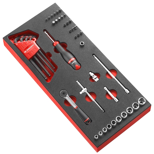 Facom MODM.R161-36PB tool set with ratchet, screwdrivers, hex keys, sockets, and bits in foam tray, top view.