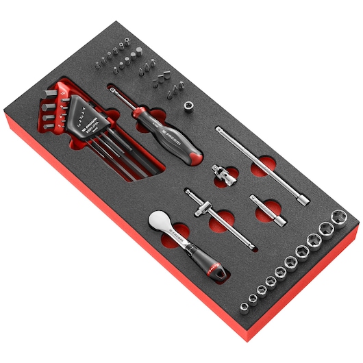 Facom MODM.R181-36PB mechanics tool set with sockets, ratchet, bits, screwdrivers, hex keys in foam tray, angled view.