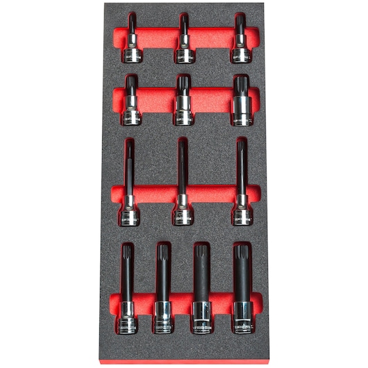 Facom MODM.SHPB set of twelve black spline bit sockets in foam tray, top view, on white background.