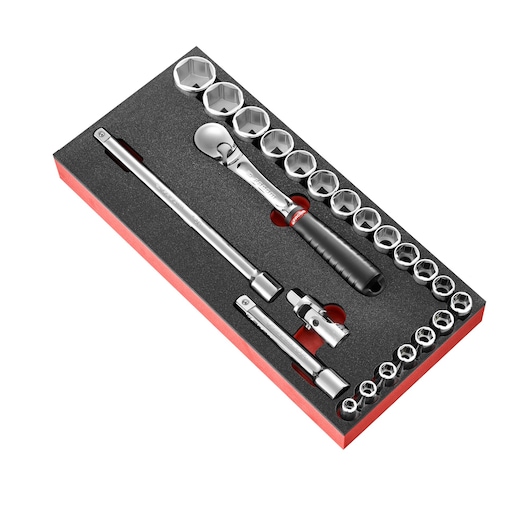 Facom MODM_SL161-36 socket and ratchet set in foam tray, angled view, silver tools with black handle.