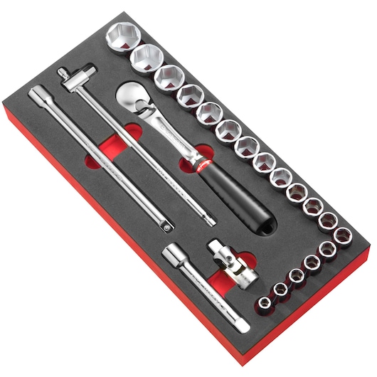 Facom MODM.SL1PB socket wrench and accessory set in foam tray, top angle, chrome finish, assorted sizes.
