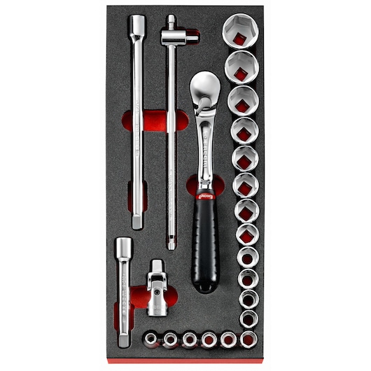 Facom MODM.SL1PB socket and ratchet set top view in foam tray with chrome sockets and black handle.