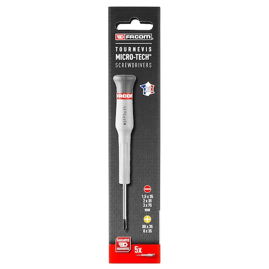Facom MICROTECH_SET_5_PIECES precision screwdriver set in retail packaging, front angle, includes 5 pieces.