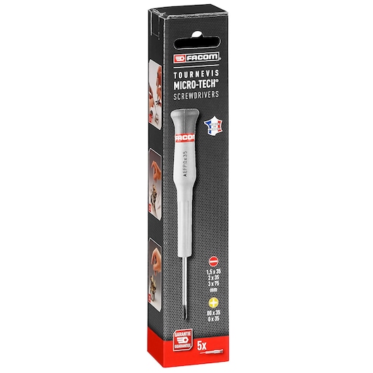 Facom MICROTECH_SET_5_PIECES precision screwdriver set box, black with screwdriver image, front angle.