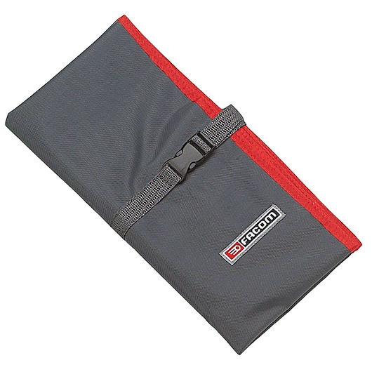 Photo of Facom gray tool roll with red trim and buckle, angled view, SKU N_38A-10C.
