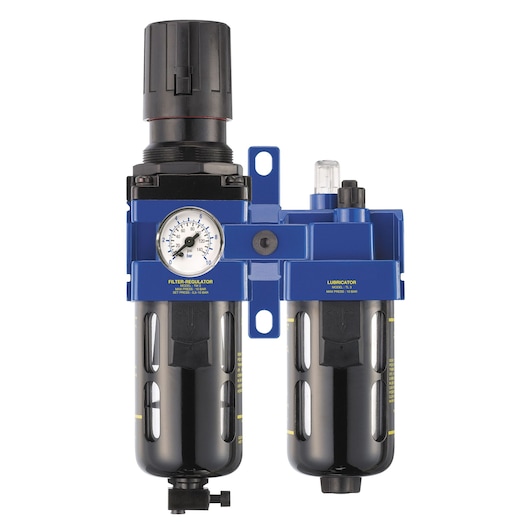 Facom N_580 air filter regulator and lubricator front view, blue and black casing, visible pressure gauge.