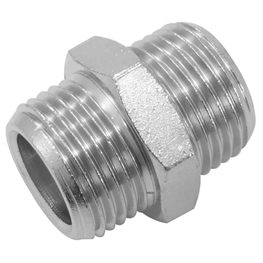 Facom N600 metallic threaded fitting, plumbing connector, side angle photo on white background.