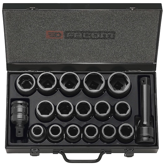 Photo of Facom NK_500U socket set in black metal case, top view, showing multiple sockets and accessories.