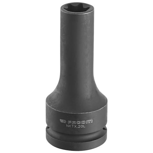 Facom NKTX_20L long black impact socket, front angle, showing star-shaped drive opening.