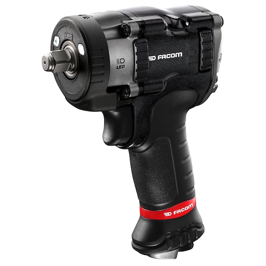 Photo of Facom NS.2500GPB compact cordless impact wrench with black body, red accent, and LED lights, angled view.
