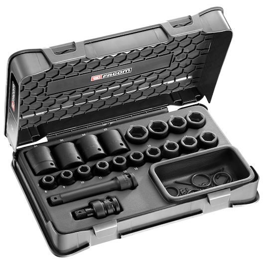 Facom NS_500B socket and tool set in black case, photo of open case angled on white background.