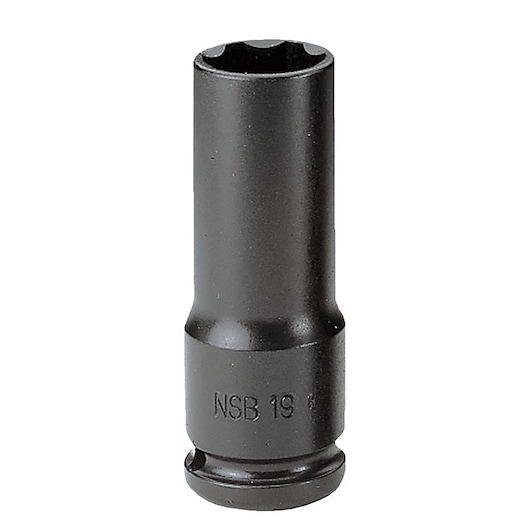 Facom NSB_19 black deep impact socket, front angle, cylindrical shape, hex drive, photography.