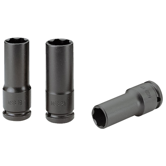 Facom NSB_3 set of three black deep impact sockets, standing and lying on white background.