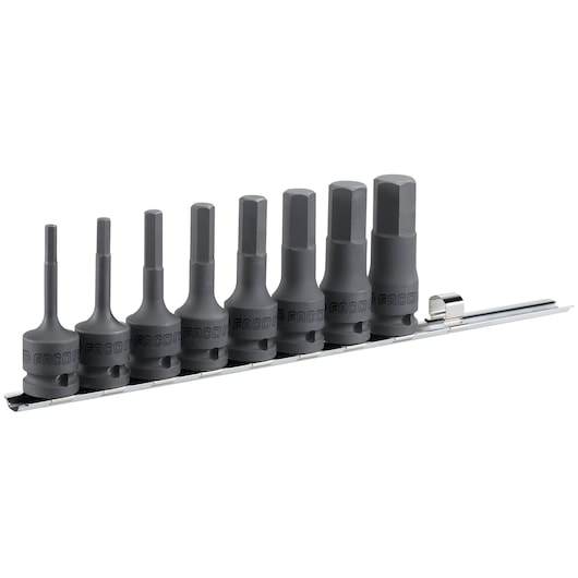 Facom NSHMJ8 hex bit socket set, eight black sockets on rail, side view, tool photography.