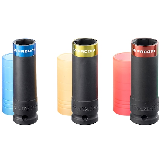 Facom NSI3L socket set photography, three black impact sockets with colored rings and matching sleeves, front angle.