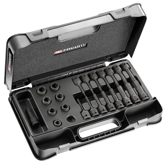 Facom NSS.J23PB hex bit socket set in black plastic case, top angle view, showing multiple sockets and bits organized.