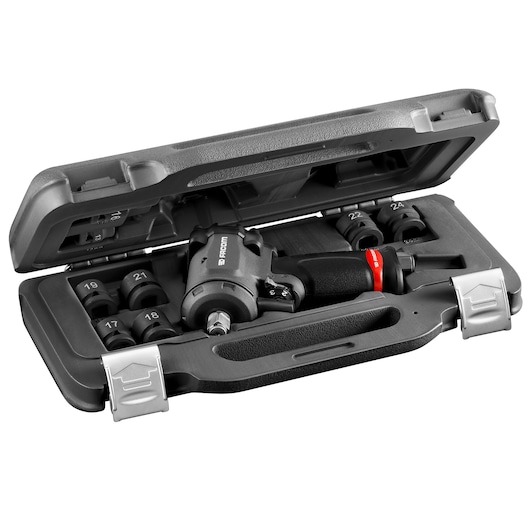 Facom NSS.J8PB compact impact wrench set with sockets in black carrying case, photo on white background.