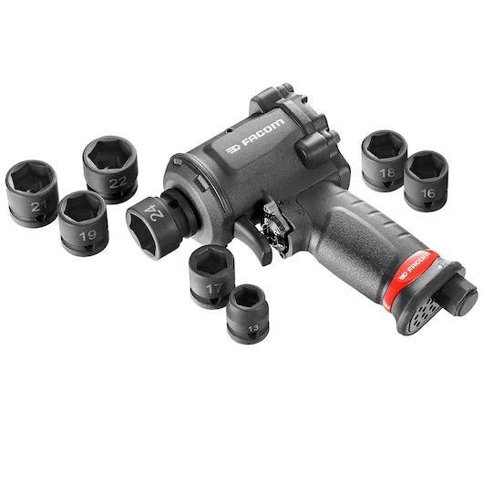 Facom NSS.J8PB impact wrench set with black and red handle and eight socket attachments, front angle on white background.
