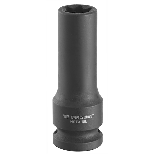 Facom NSTX_10L deep impact socket, black finish, shown upright on white background, product category Photography.