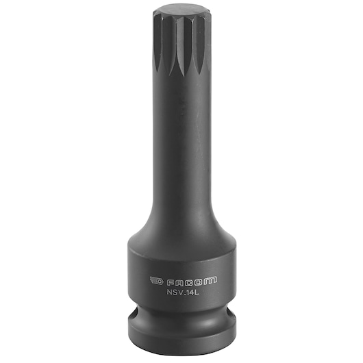 Facom NSV_12L black long spline socket tool, side angle on white background.