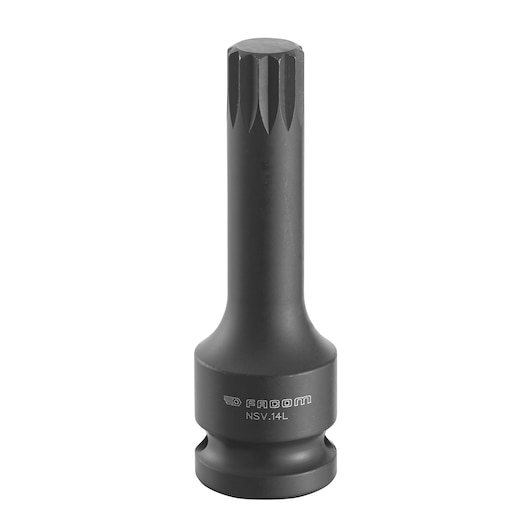 Facom NSV_14L black splined impact socket, photography, front angle on white background.