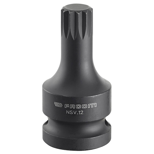 Facom NSV_18 black spline impact socket, photographed on white background, front angle.