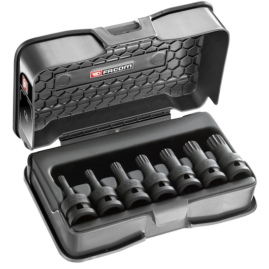 Facom NSV.J7APB socket bit set in black plastic case, photography of seven bits arranged in molded tray, angled view.